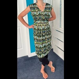 Vintage multigreen abstract dress- low empire waist, with V-neck